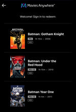 Load image into Gallery viewer, DCEU&#39;s Batman: Triple Feature: Gotham Knight (2008), Under The Red Hood (2010), &amp; Year One (2011) Movies Anywhere HD code